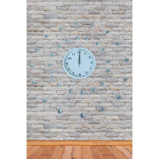 Pazarız Duvar Saati Ferforje Demir Taşlı Dekoratif Beyaz