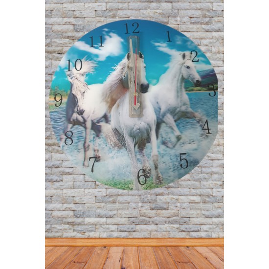 Pazarız Duvar Saati Hologramlı 3 Boyutlu Atlar Dekoratif 36 Cm Çap
