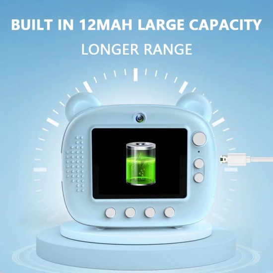 Pazariz Anlık Termal Yazıcılı Dijital Çocuk Kamerası Kulaklı 2.4 İnç HD Photo Printer Camera Mavi