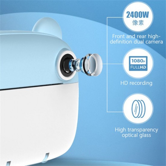 Pazariz Anlık Termal Yazıcılı Dijital Çocuk Kamerası Kulaklı 2.4 İnç HD Photo Printer Camera Mavi
