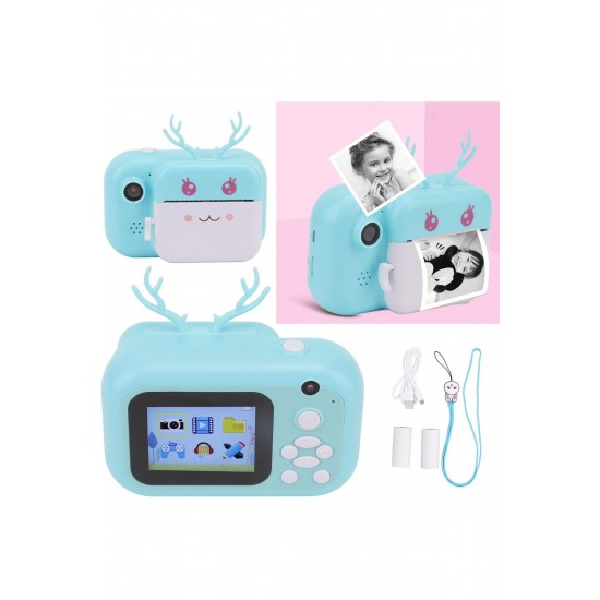 Pazariz Anlık Termal Yazıcılı Dijital Çocuk Kamerası Geyikli 2.4 İnç HD Photo Printer Camera Pembe