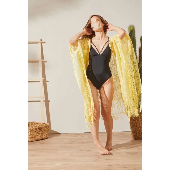 Pembecin Bayan Pareo Dantel Yelek Mayo Bikini Üzeri Yaprak Desenli Püsküllü Plaj Elbise Siyah