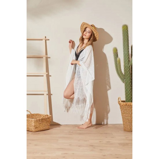 Pembecin Bayan Pareo Dantel Yelek Mayo Bikini Üzeri Yaprak Desenli Püsküllü Plaj Elbise Siyah