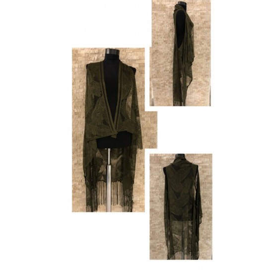 Pembecin Bayan Pareo Dantel Yelek Mayo Bikini Üzeri Yaprak Desenli Püsküllü Plaj Elbise Siyah