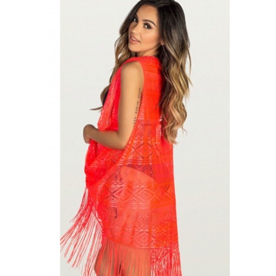 Pembecin Bayan Pareo Dantel Yelek Mayo Bikini Üzeri Yaprak Desenli Püsküllü Plaj Elbise Siyah