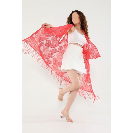 Pembecin Bayan Pareo Dantel Yelek Mayo Bikini Üzeri Yaprak Desenli Püsküllü Plaj Elbise Siyah