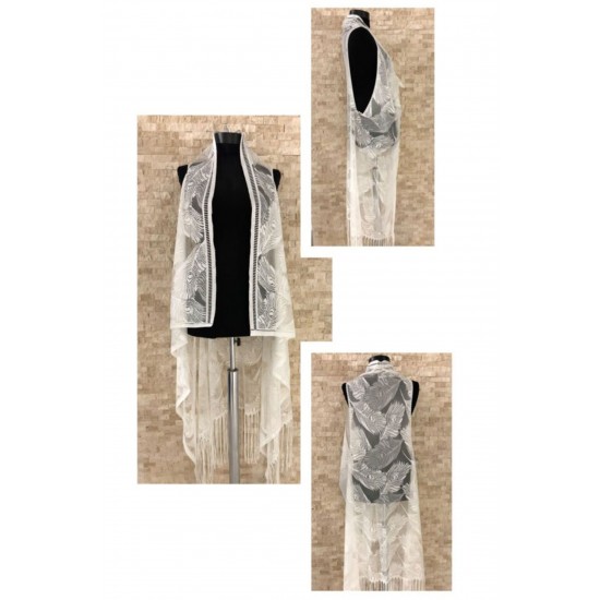 Pembecin Bayan Pareo Dantel Yelek Mayo Bikini Üzeri Yaprak Desenli Püsküllü Plaj Elbise Beyaz