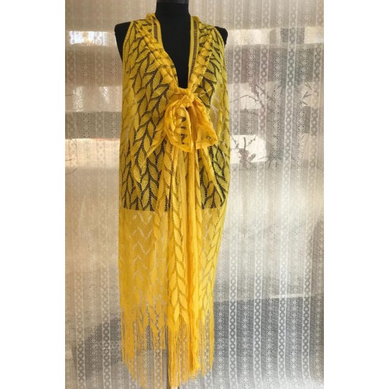 Pembecin Bayan Pareo Dantel Yelek Mayo Bikini Üzeri Yaprak Desenli Püsküllü Plaj Elbise Sarı