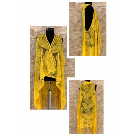 Pembecin Bayan Pareo Dantel Yelek Mayo Bikini Üzeri Yaprak Desenli Püsküllü Plaj Elbise Sarı