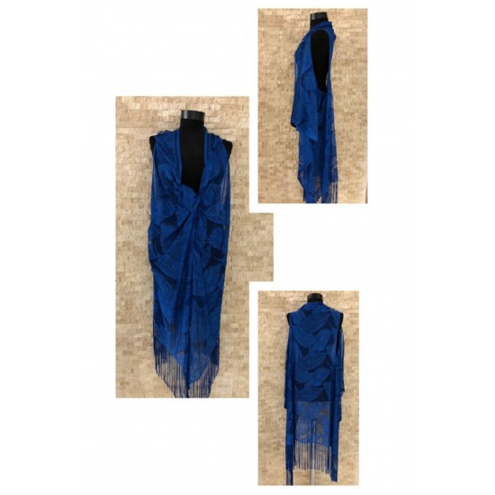 Pembecin Bayan Pareo Dantel Yelek Mayo Bikini Üzeri Yaprak Desen Püsküllü Plaj Elbise K.Mavi İndigo