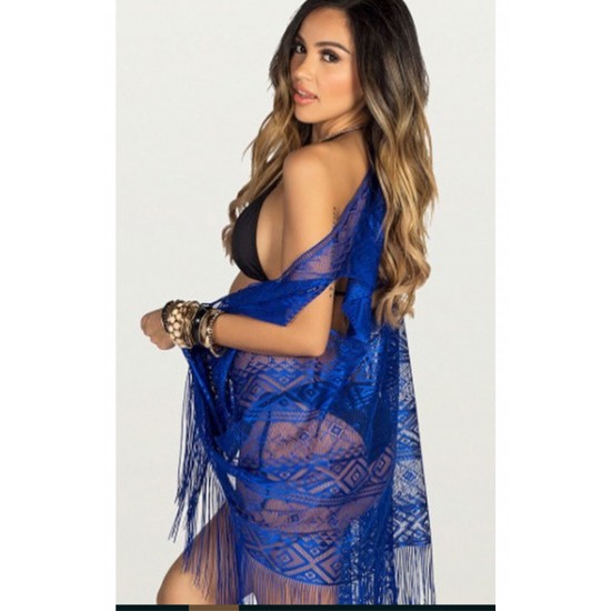 Pembecin Bayan Pareo Dantel Yelek Mayo Bikini Üzeri Yaprak Desen Püsküllü Plaj Elbise K.Mavi İndigo