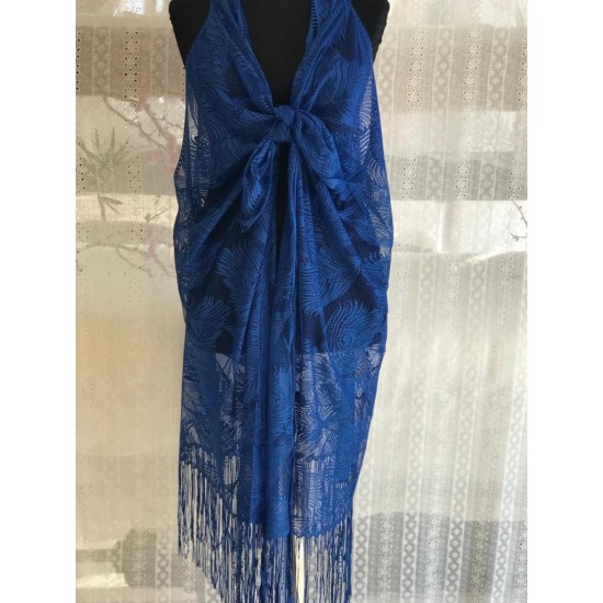 Pembecin Bayan Pareo Dantel Yelek Mayo Bikini Üzeri Yaprak Desen Püsküllü Plaj Elbise K.Mavi İndigo