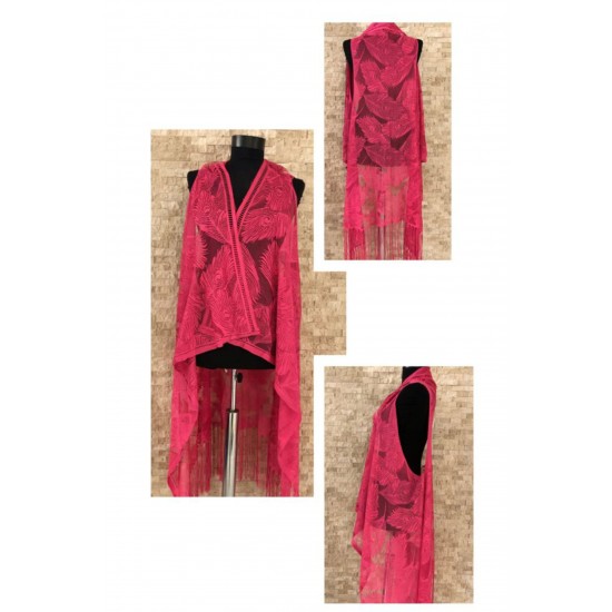 Pembecin Bayan Pareo Dantel Yelek Mayo Bikini Üzeri Yaprak Desenli Püsküllü Plaj Elbise Pembe