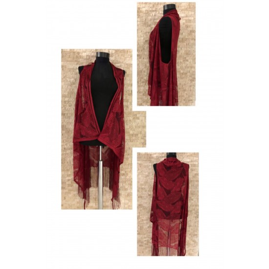 Pembecin Bayan Pareo Dantel Yelek Mayo Bikini Üzeri Yaprak Desenli Püsküllü Plaj Elbise Bordo