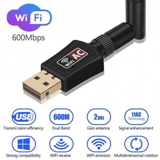 Pazariz Dual Band USB 600 Mbps Adaptör Kablosuz Wifi Alıcı Wireless Adaptör 802.11a/b/g/n/ac