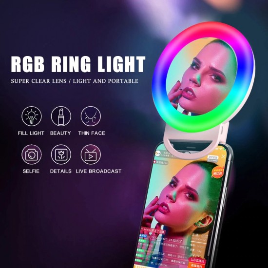 Pazariz Rgb Led Aynalı Selfie Işığı Ring Light Makyaj Aynası Gökkuşağı Renkli