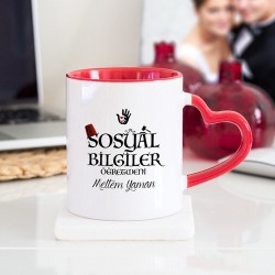 Sosyal Bilgiler Öğretmeni Kalpli Kupa Bardak - Kırmızı