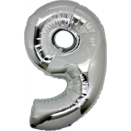 9 (Gümüş) Rakam Folyo Balon - 90 cm - Gümüş Folyo Rakam Balon