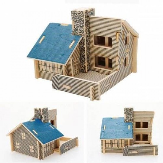 Pazarız 3D Ahşap Puzzle Yapboz Maket Mavi Ev Boyanabilir