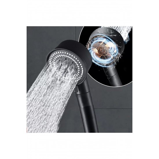 Pazariz Siyah Turbo Fan Pervaneli 5 Fonksiyonlu Stoplu Duş Başlığı El Duşu 