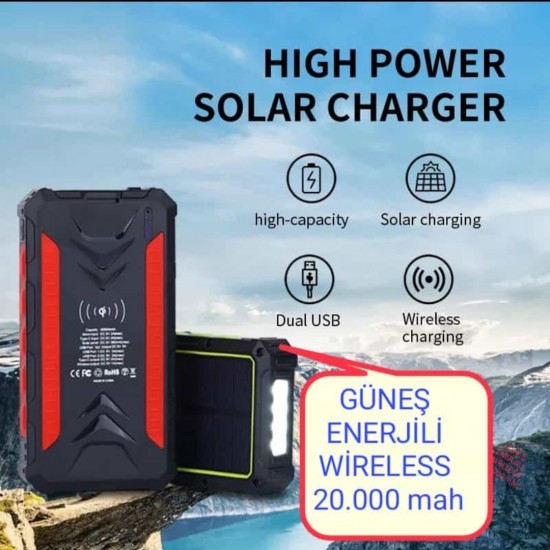 Pazariz Güneş Enerjili Solar Wirelles Powerbank 20.000 Mah Kamp Outdoor Hızlı Pd Type-c Çıkışlı