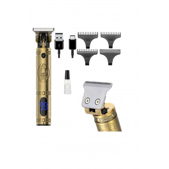 Pazariz Profesyonel T-bıçak Ense Sakal Tıraş Makinesi Digital  Metal Usb Type-C Paslanmaz Tıraş M.