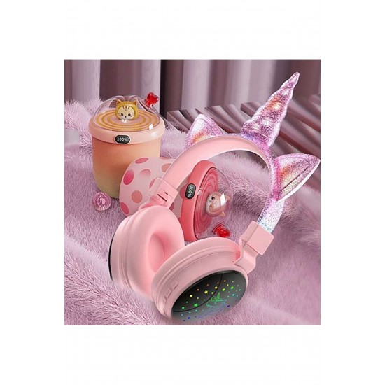 Pazariz Yeni Nesil Led Işıklandırmalı Kablosuz Sevimli Unicorn Kız Çocuk Kulaklığı